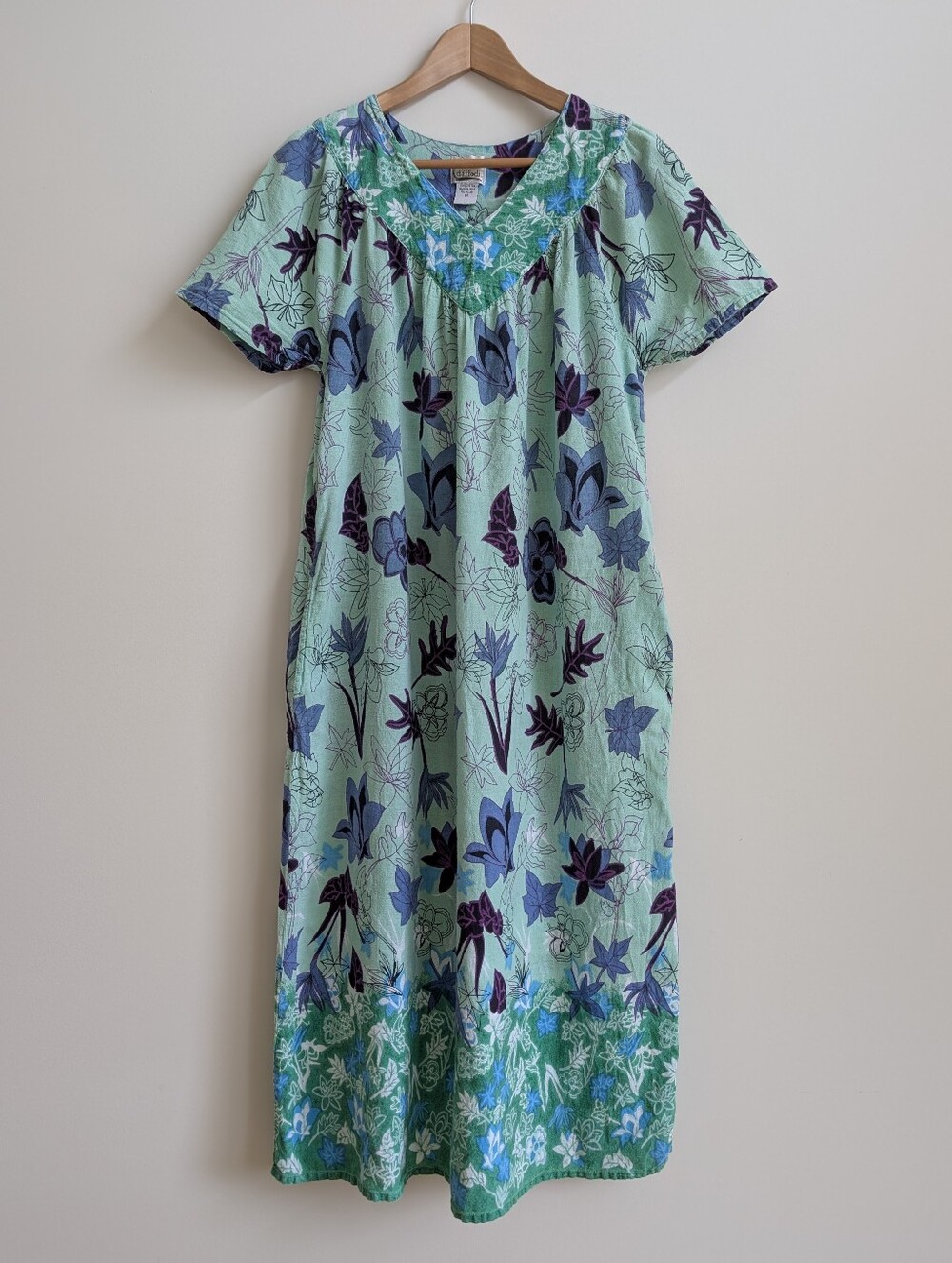 Daffodil 100% Cotton Medium Woven Midi Nightgown In Blue And Green
